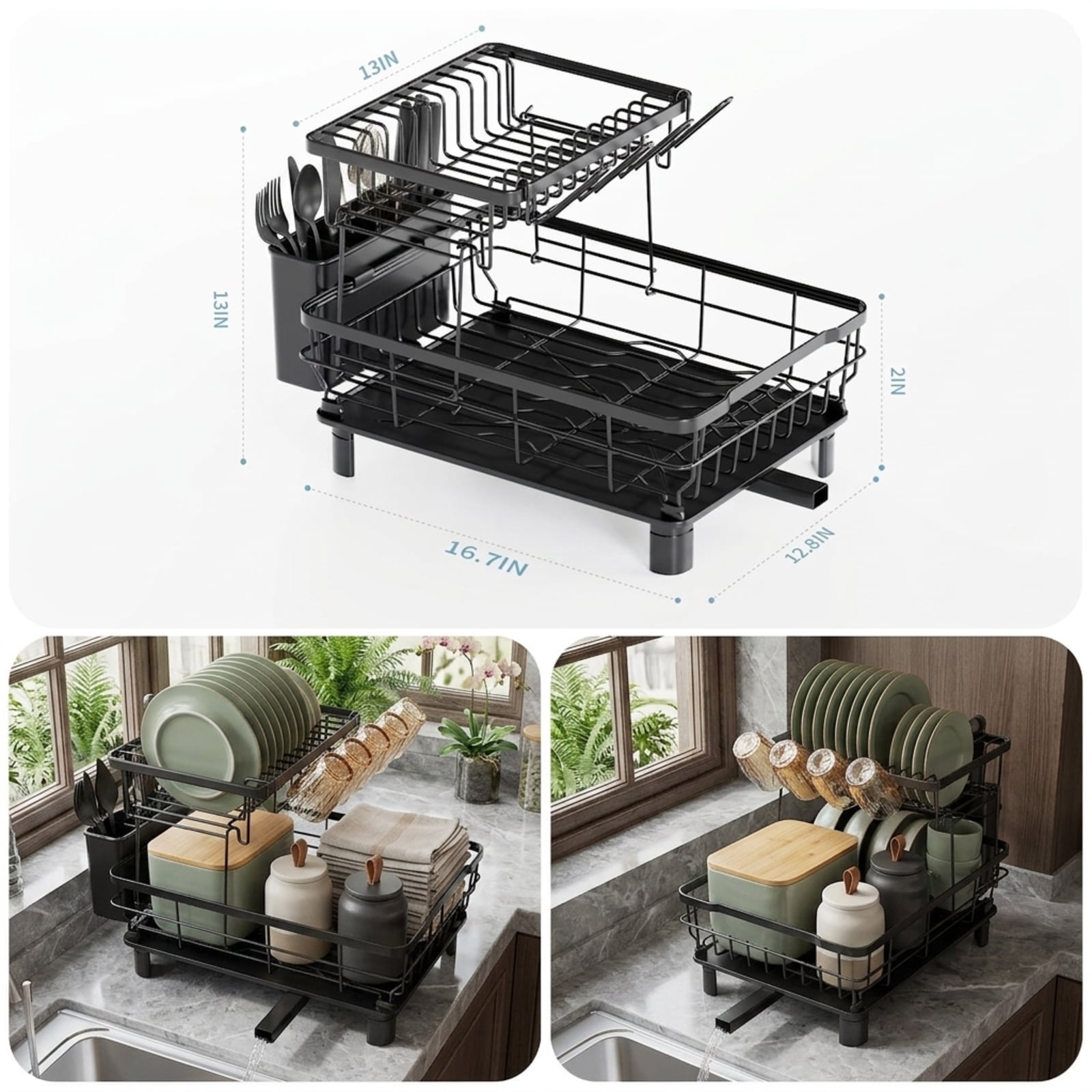 Fenbeli 2-Tier Dish Drying Rack with Rotating Drainage Spout, Rust-Resistant Countertop Dish Rack with Utensil Holder, Black