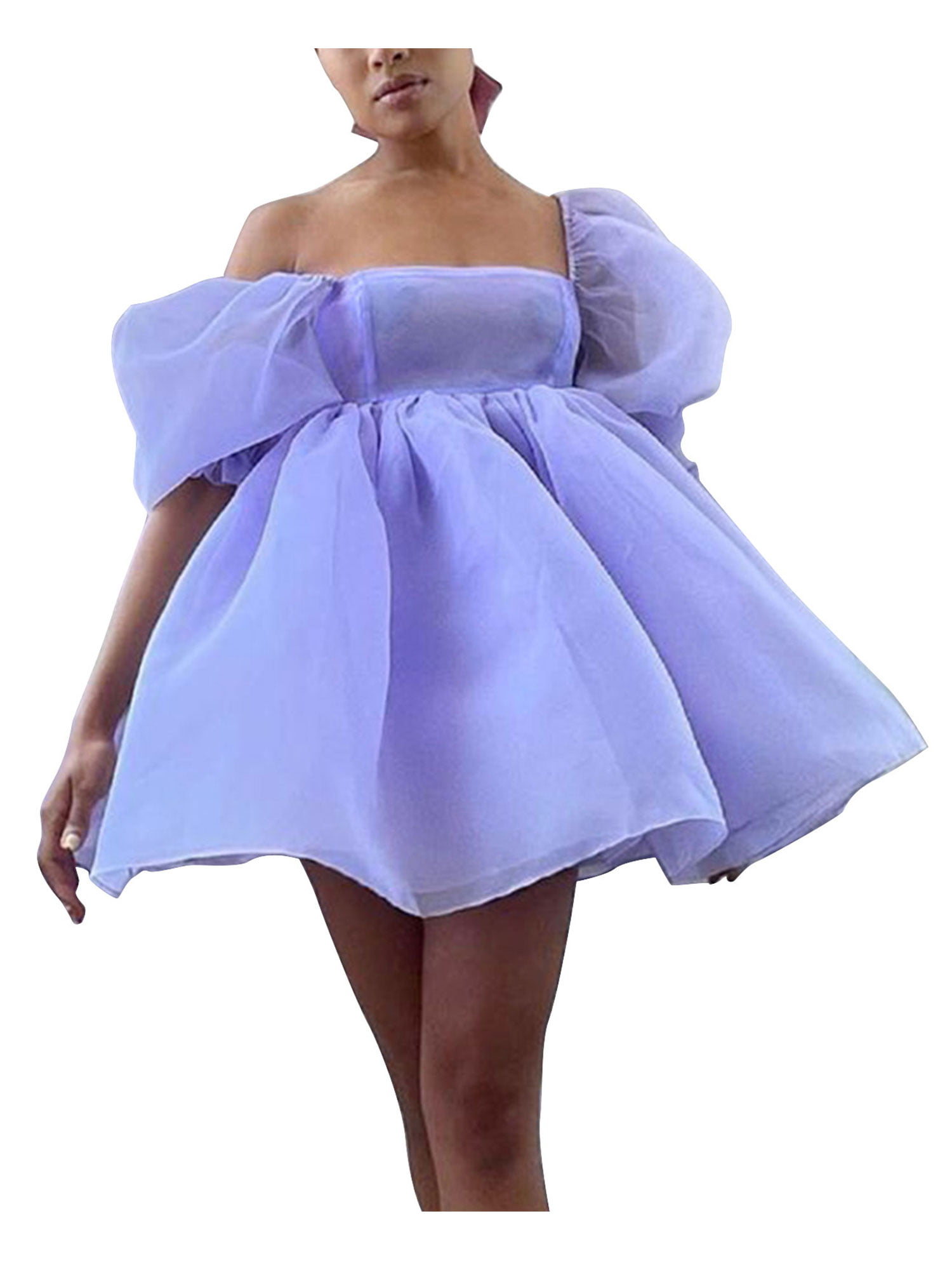 Purple Blue Short Sleeve Prom Dresses