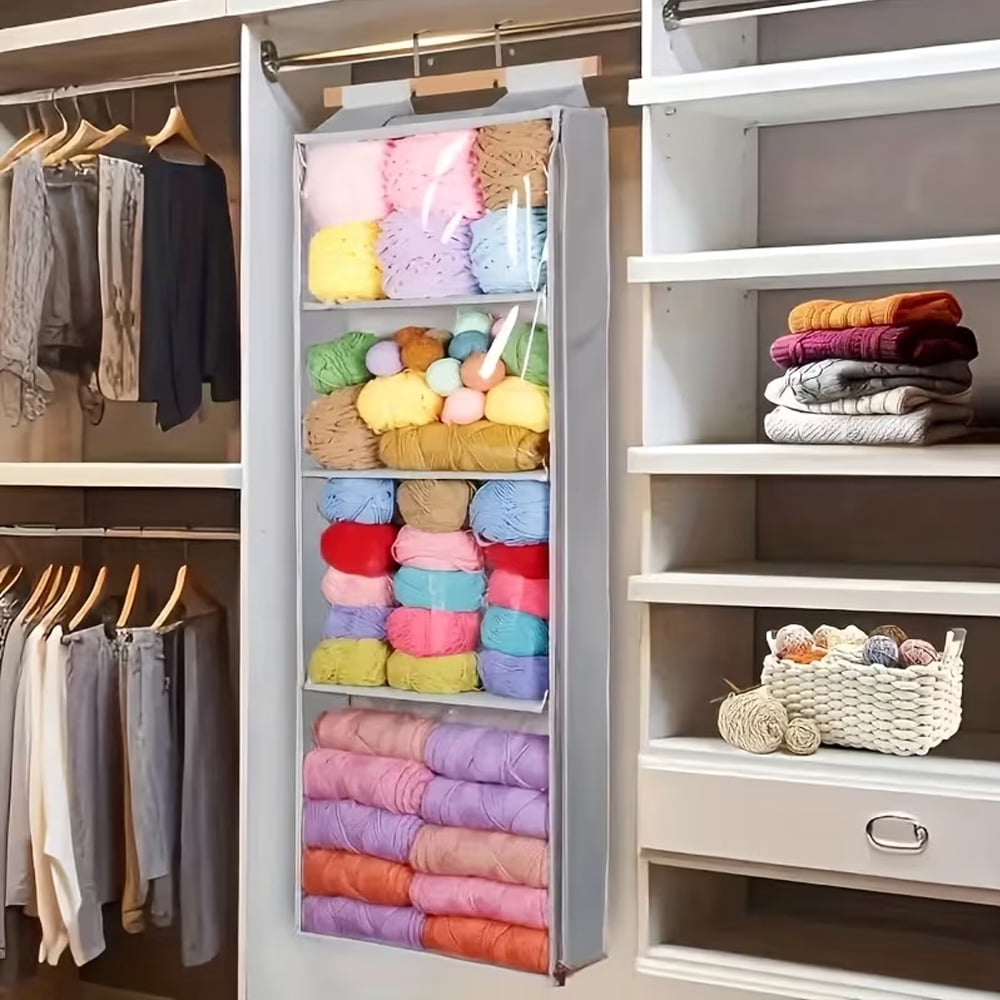 Hanging Yarn Storage Organizer with 4 Large Clear Pockets, Yarn Organizer for Crochet and Knitting Supplies, Over the Door Yarn Holder with Hooks for Yarn Skeins