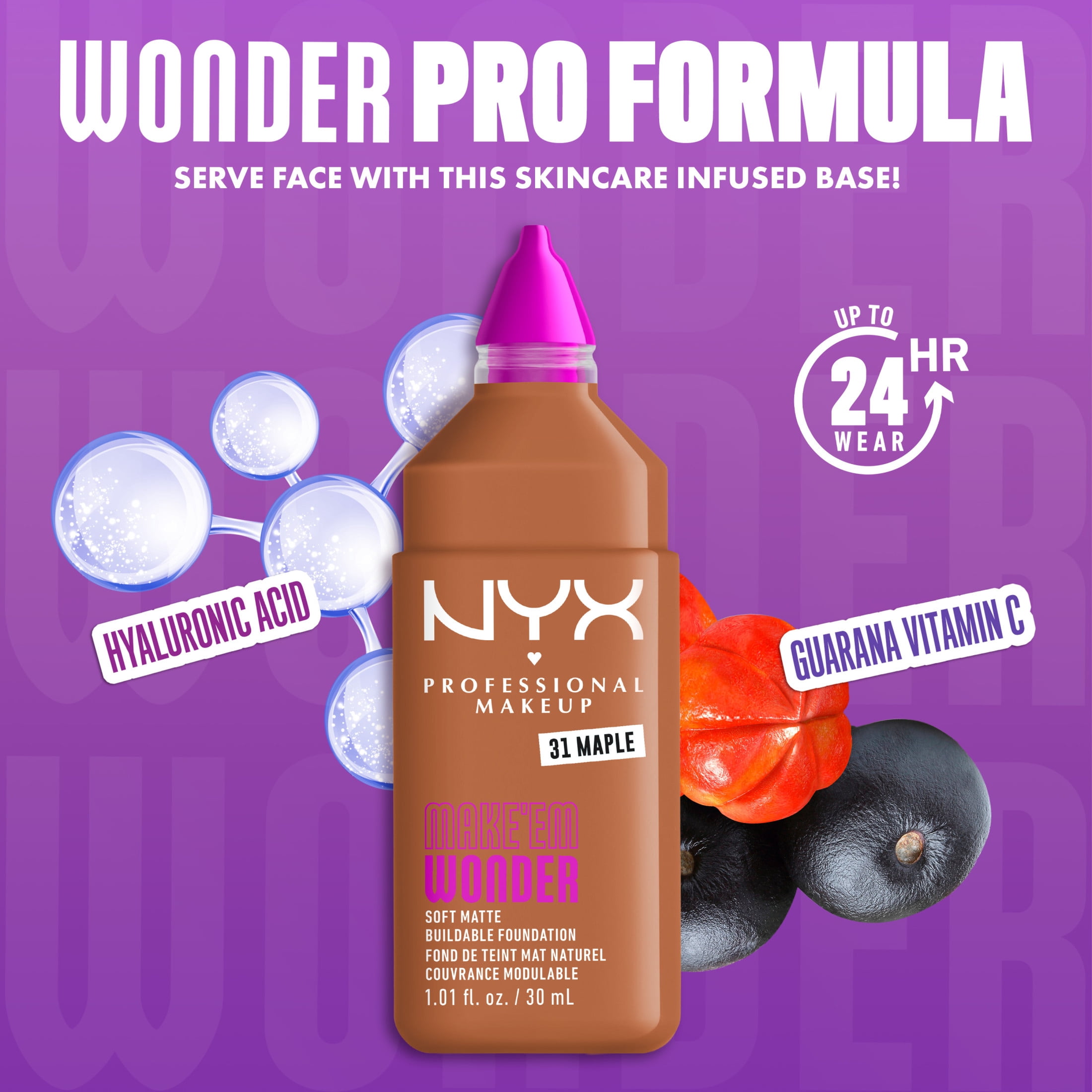 NYX Professional Makeup Make Me Wonder Make 'EM Wonder, 24H Soft Matte Foundation, MAPLE, 0.84 fl oz