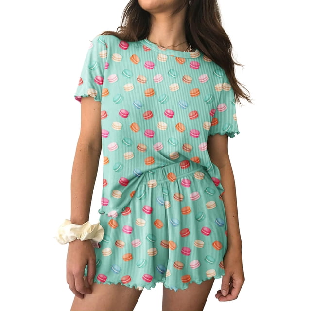 Conjunto de pijama Ekouaer, pijama de manga corta de punto acanalado para mujer