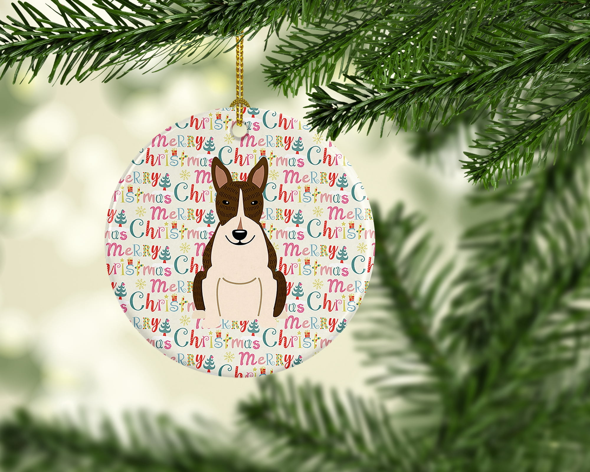 Merry Christmas Bull Terrier Dark Brindle Ceramic Ornament 2.8 in x 2.8 in