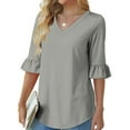 thumbnail image 7 of Womens Blouses 3/4 Sleeve Dressy Tops Business Casual Shirts V Neck Bell-Sleeve Tops Dressy Casual Loose Fitting Tunic Off the Shoulder Sweatshirt Gray L, 7 of 7