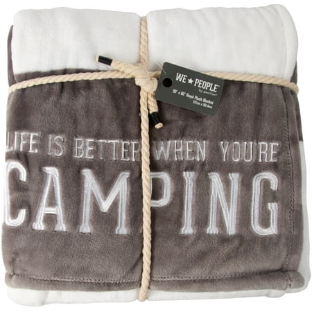 - Pavilion - Life Is Better When You're Camping - Gray & White Striped Super Soft 50 x 60 Inch Striped Throw Blanket With Embroidered Text