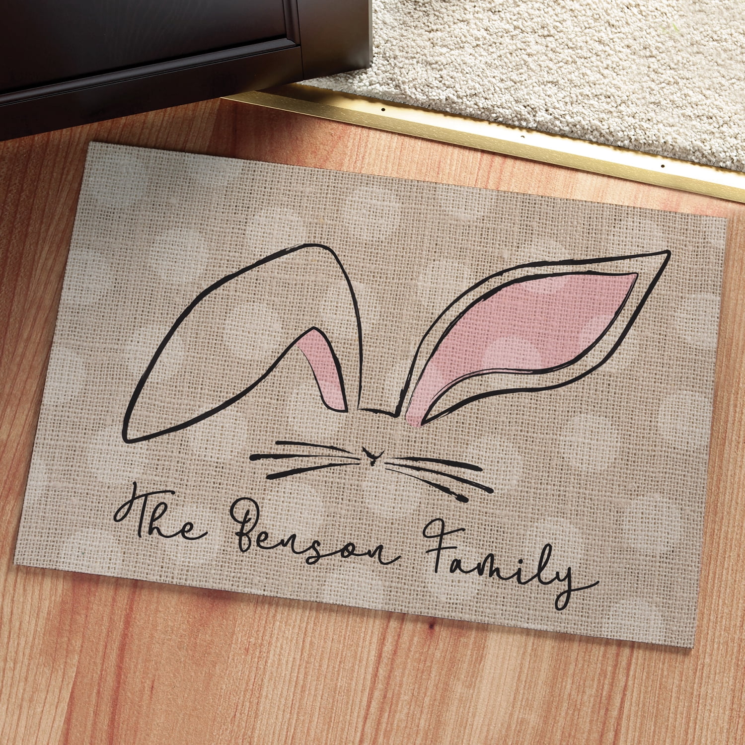 Personalized Planet 27x18 Polka Dot Bunny Ears Doormat with Custom Family Name Printed on Brown Rectangular 1/8” Thick Non Slip Mat for Kitchen Hallway Deck or Porch