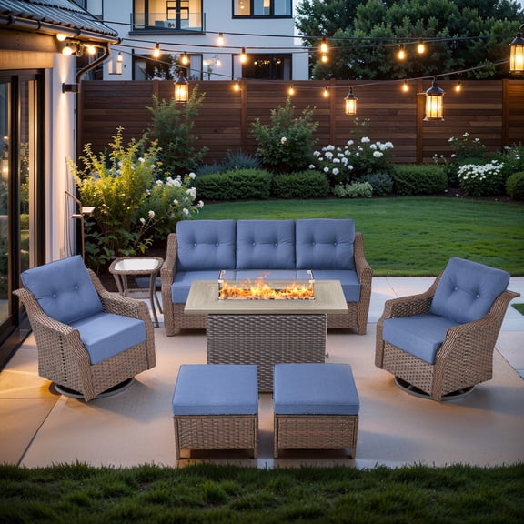 Gymojoy 7 Pieces Outdoor Patio Furniture Set with Fire Pit Table,Swivel Chairs with 6" Thick Cushion,Sofa and Ottomans,Patio Conversation Sets for Porch Deck Garden Backyard