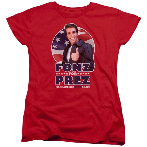 Trevco CBS1823-WT-4 Happy Days & Fonz for Prez Short Sleeve Cotton Women T-Shirt, Red - Extra Large
