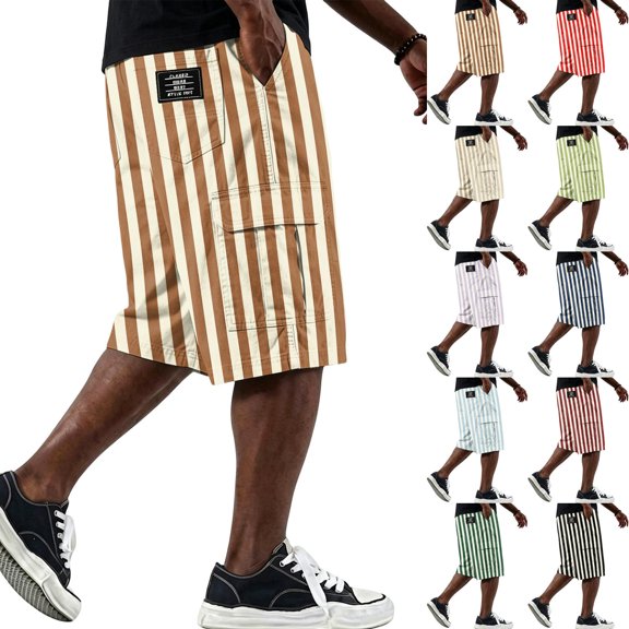 Mens Baggy Shorts Drawstring High Waist Striped Cargo Shorts Summer Causal Sport Shorts with Multi-Pockets, 5XL