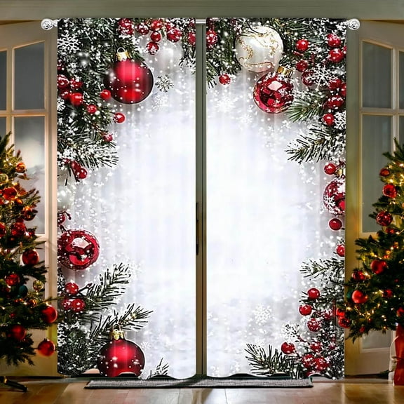 2PC Christmas Ball Holiday Printed Curtains, 2D Flat Printed Red Luxury Xmas Print Curtains with Snowflakes and Pine Branches for Bedroom Living Room Holiday Party Decor(39*86In)