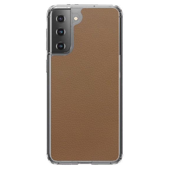 DistinctInk Clear Shockproof Hybrid Case for Galaxy S21 5G (6.2" Screen) - TPU Bumper, Acrylic Back, Tempered Glass Screen Protector - Brown Faux Leather Print Design - Printed Faux Leather