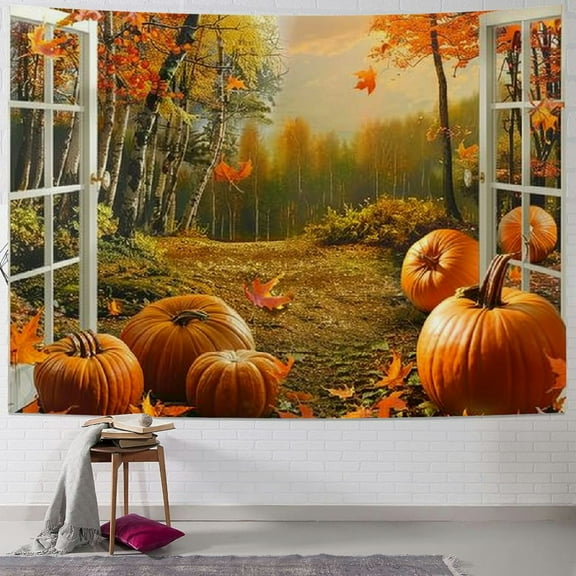 PRATYUS Fall Forest Tapestry, Orange Pumpkin and Maple Leaf with White Window Wall Tapestry for Bedroom, Autumn Landscape Wall Hanging Tapestry Wall Art for Living Room Home Decor 40x30inch