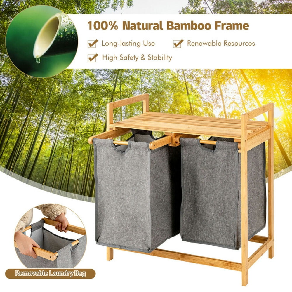 Finihen Laundry Hamper, Laundry Basket, Bamboo Laundry Hamper with Dual Compartments Laundry Sorter and Sliding Bags, for Bathroom, laundry Room, Natural Finihen Laundry Hamper, Laundry Basket, Bamboo Laundry Hamper with Dual Compartments Laundry Sorter and Sliding Bags, for Bathroom, laundry Room, Natural
