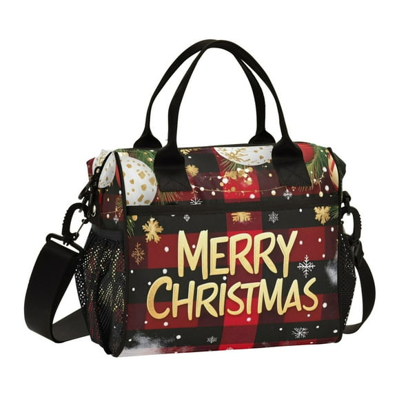 ALAZA Snowflake Grid Checkered Christmas Insulated Lunch Bag Reusable Tote Box Adjustable Shoulder Strap for Work Picnic