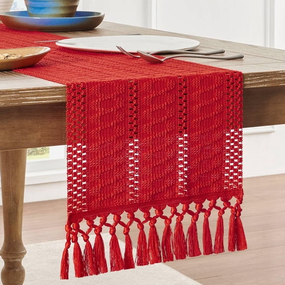Boho Table Runner for Red Tassel Home Decor 36 Inches Long, Modern Farmhouse Decor Rustic Macrame Cotton Linen Woven Coffee Table Runners for Dining Table Decoration, Red
