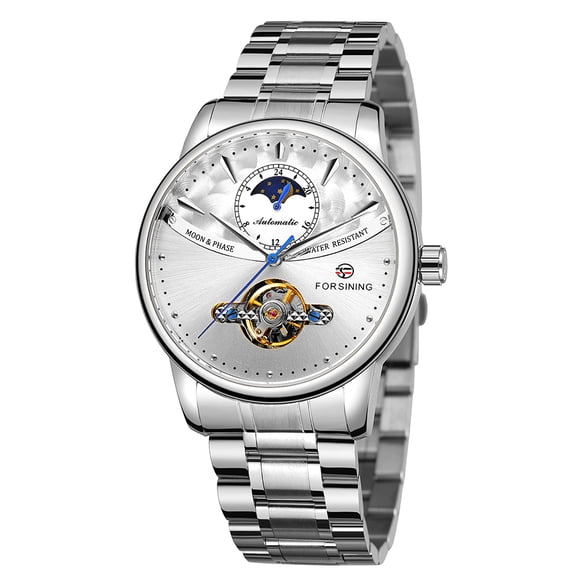 FORSINING FORSINING 339 Moon Phase Mechanical Men's Watch with Tourbillon Design, Stainless Steel Band, 3ATM Water Resistant, Silver Dial, Luxury Business Timepiece