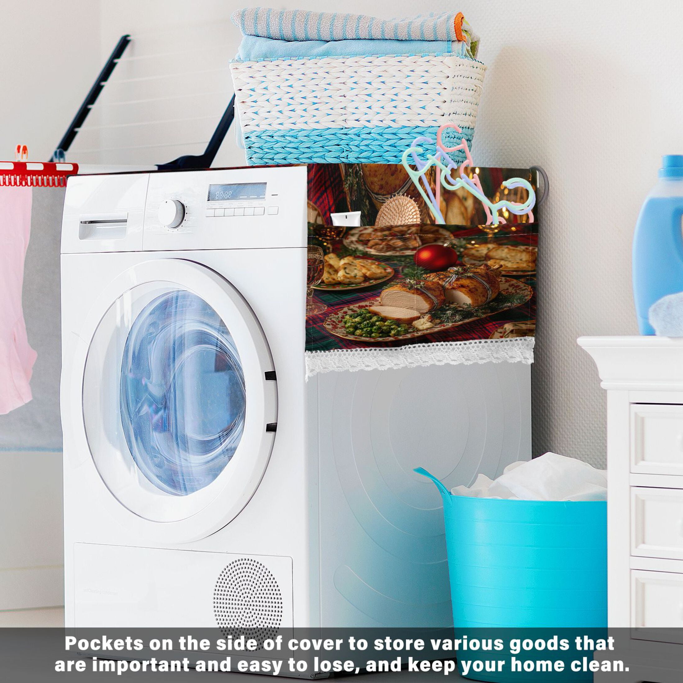 Roast ChickenWasher and Dryer Covers Dust-Proof and Oil Resistant Fridge Cover with 4 Storage Pockets Washing Machine Top Cover for Laundry Kitchen Home 51.2 x 22 In