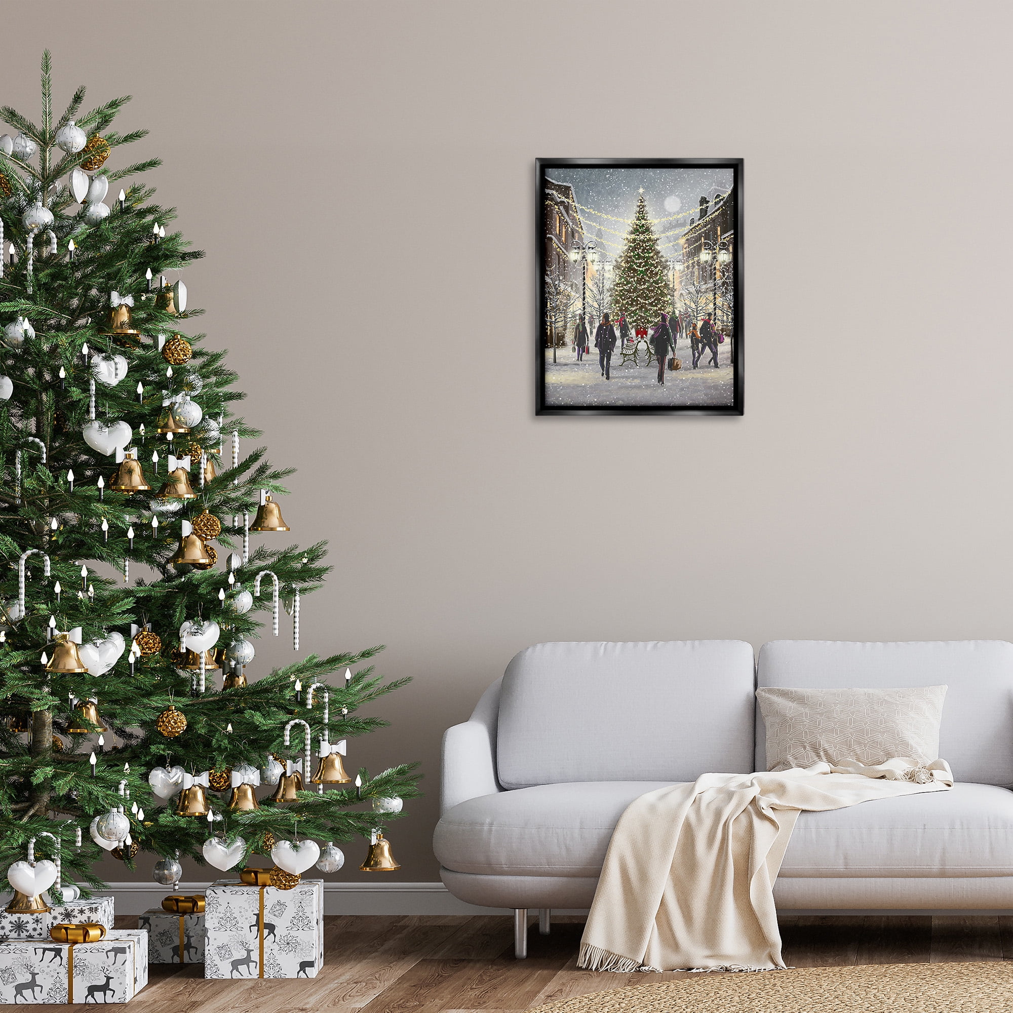 Stupell Industries Town Christmas Tree Holiday Painting Black Floater Framed Canvas Art Print Wall Art, 25 x 31