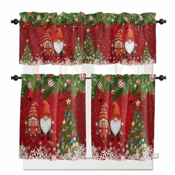 Christmas Gnome Kitchen Curtains and Valances Set, Snowflake Xmas Tree Ball Evergreen Bough Red Rod Pocket Window Valance Window Curtain Panels for Living Room Bedroom Laundry, 27.5x24in, 3 Pieces
