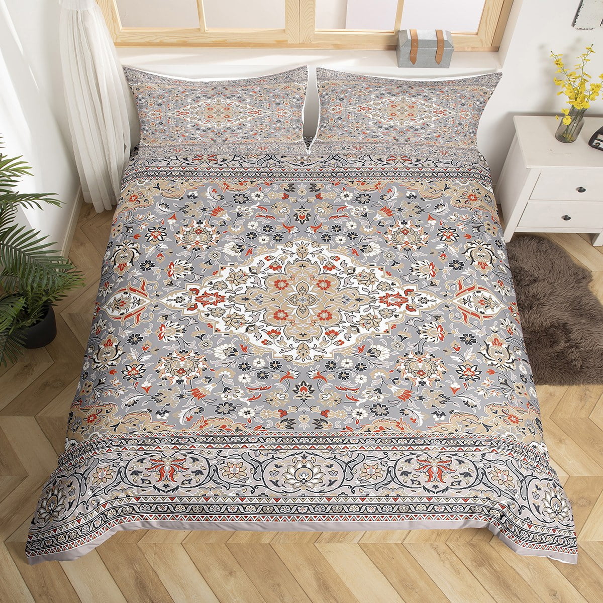 Persian Duvet Cover Twin, Boho Exotic Bedding Set, Retro Grey Orange