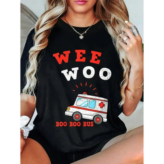 Playful Ambulance Graphic Tee, Tops Has Centered "WEE WOO BOO BOO BUS" & Ambulance Design, Round Neck Regular Fit T - shirts, Size(S - 5XL)