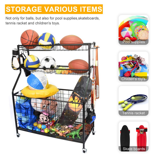 Gohyo Garage Sports Equipment Organizer, Ball Storage Rack, Garage Ball Storage, Sports Gear Storage, Garage Organizer with Baskets and Hooks, Rolling Sports Ball Storage Cart, Black, Steel