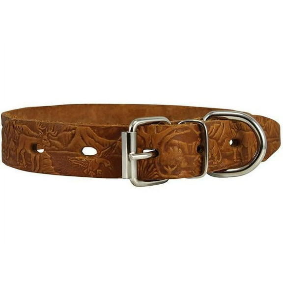 Dogs My Love Genuine Tooled Leather Dog Collar Hunting Pattern Tan 3 Sizes (Neck Circumf: 10.5"-14"; 1" Wide)