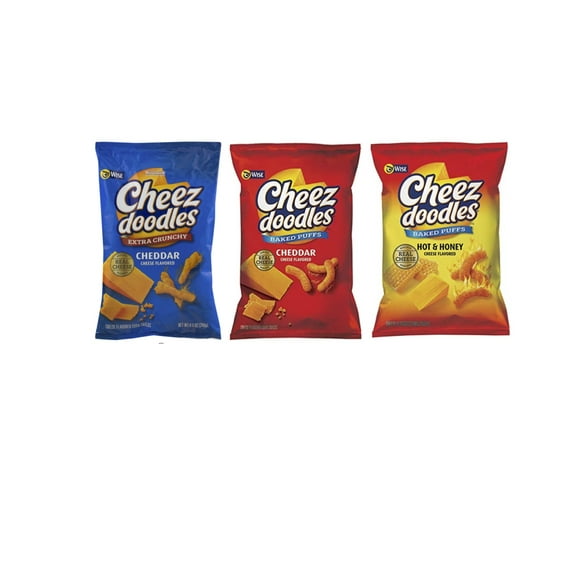 Wise Snacks Cheez Doodles Variety Pack Extra Crunchy, Baked Cheddar Puff, Baked Hot & Honey Cheese Flavors 5oz bags (3 count)