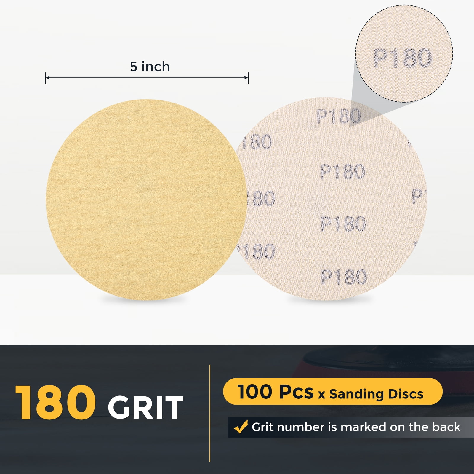 100 Pcs 5 Inch Sanding Disc 180 Grit Hook and Loop Sandpaper Random Orbital Sander Pads for Woodworking Automotive, Gold