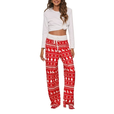 

FOCUSNORM Women Maternity Pants Christmas Theme Print Loose Drawstring Long Trousers Home Wear Plus Size