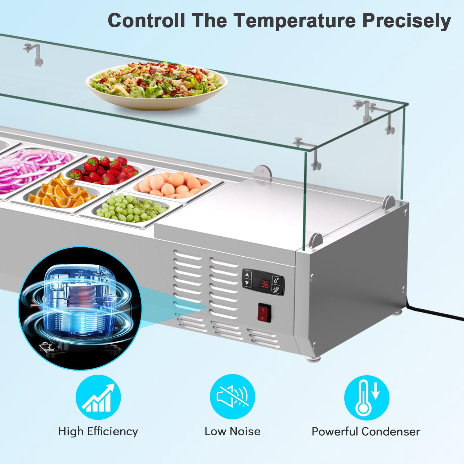 48" Countertop Refrigerated Condiment Station with Auto Defrost & Digital Controller and LED Display,Sandwich Prep Table Guard with 1/3 Pan*6 and 1/6 Pan*4,ETL,Glass Lid for Restaurant Food Tr