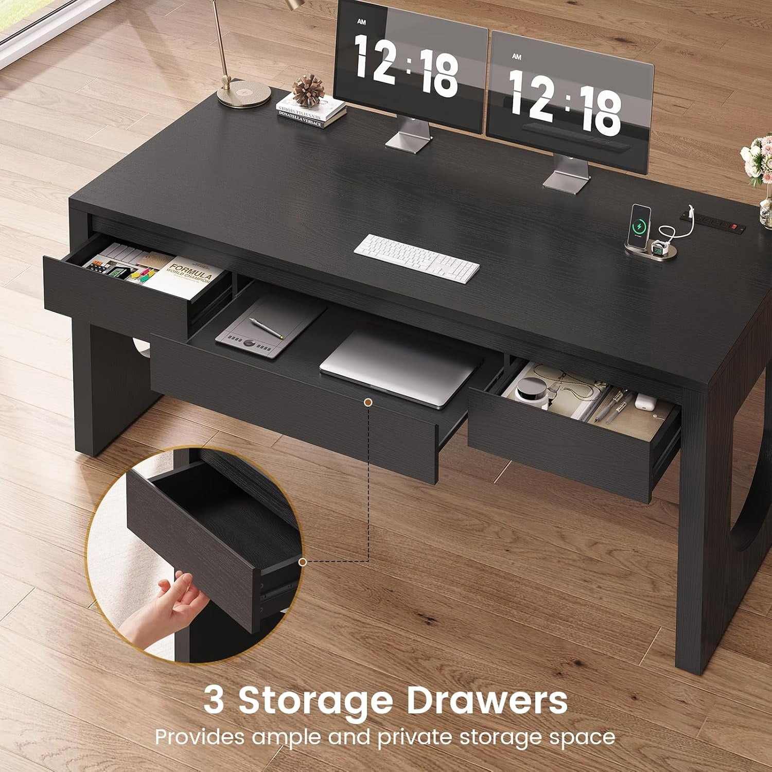 SEDETA 55" Executive Desk with 3 Drawers, Modern Office Desk with U-Shaped Legs, Wood Computer Desk with Power Outlet, Home Office Desks with Relief Texture, Black