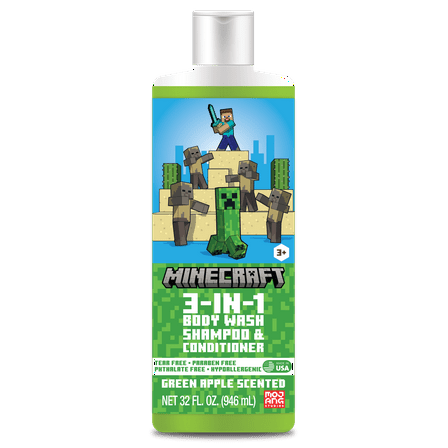 Minecraft 3-in-1 Wash, Shampoo, Conditioner, and Body Wash, Green Apple Scented, 33oz, Age 3 
