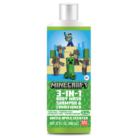 Minecraft 3-in-1 Wash, Shampoo, Conditioner, and Body Wash, Green Apple Scented, 32 Fl Oz, Age 3+