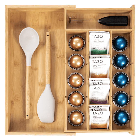 KitchenEdge Tea Bag and Coffee Pod Kitchen Drawer Organizer, Expandable 10 to 17 Inches, 10 Accessory Compartments with Adjustable Wall Inserts, Non-Slip Rubber Feet, 100% Sustainable Bamboo Wood