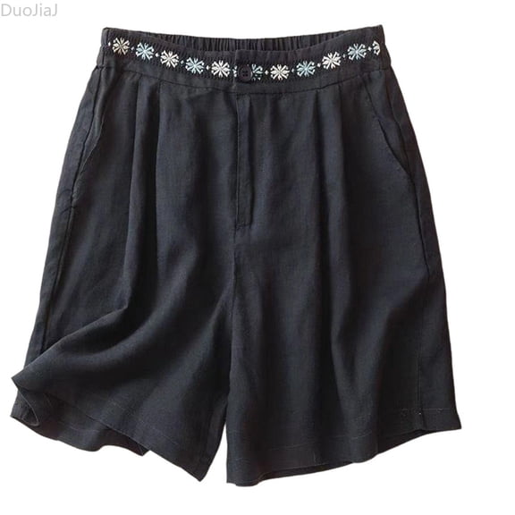 DuoJiaJ High Waist Embroidered Loose Fit Straight Leg Mid Thigh Shorts Casual Bohemian Style Blend Women Shorts Black L