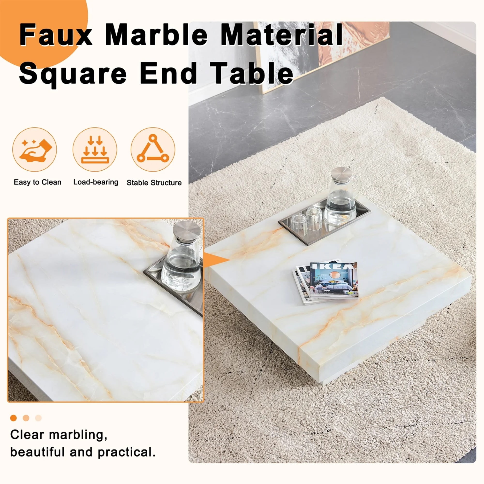 Compact Marble Coffee Table, Sudica 31" Square Center Table with Stainless Steel Storage for Living Room, Beige
