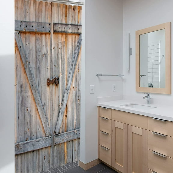 Small Stall Shower Curtain 36 x 72, Narrow Half Rustic Barn Door Shower Curtain, Western Country Farmhouse Wood Planks American Native Farm Style Bathroom Decor, Washable Polyester Fabric