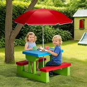 Matladin Outdoor Kids Picnic Table with Umbrella, Plastic Child Table and Bench Set, Activity Table for Outdoors, Garden, Patio