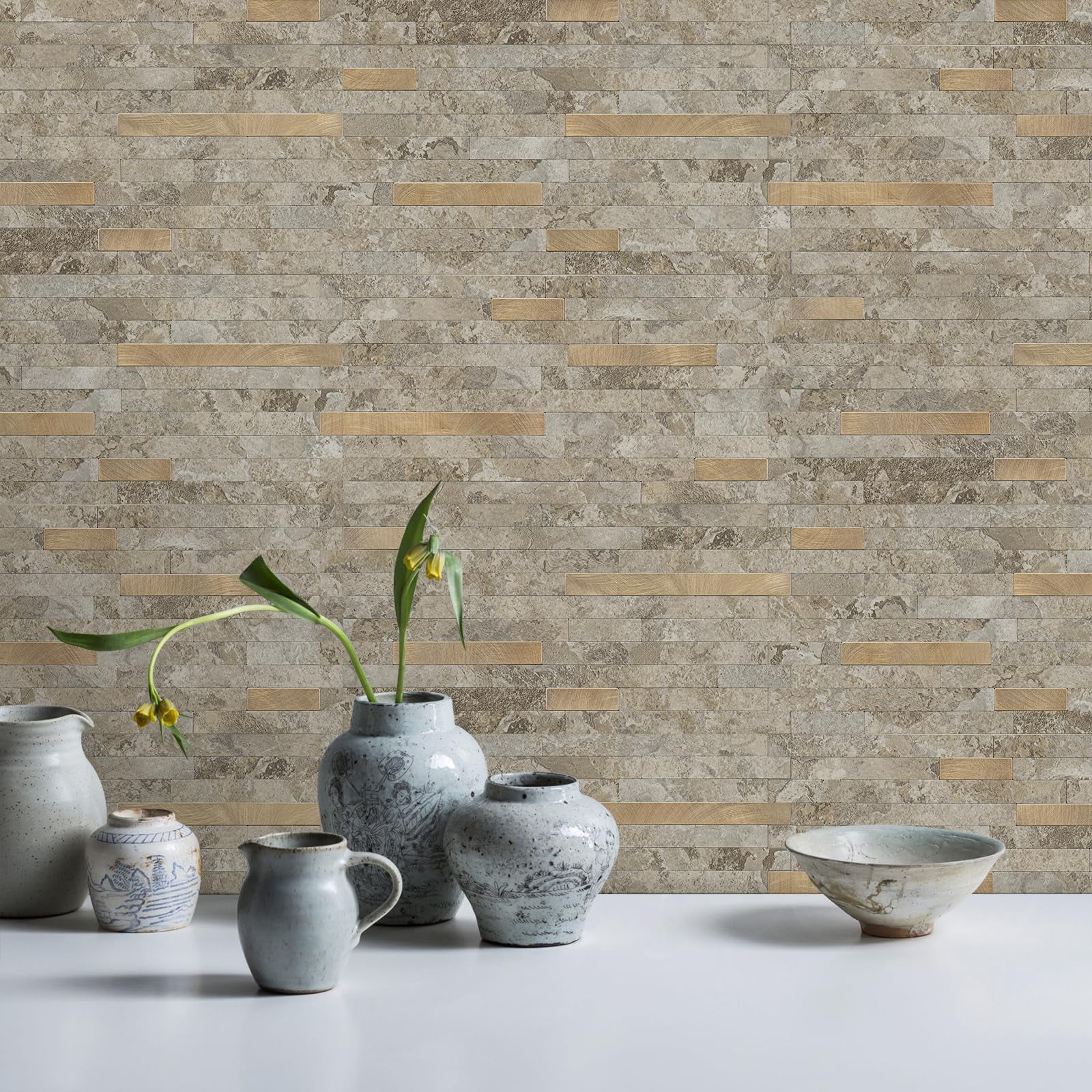 2 Sheets Peel And Stick Backsplash Tile  On For Kitchen Bathroom Stone Beige Marble Look Pvc Mixed Metal Self Adhesive Wall Tiles