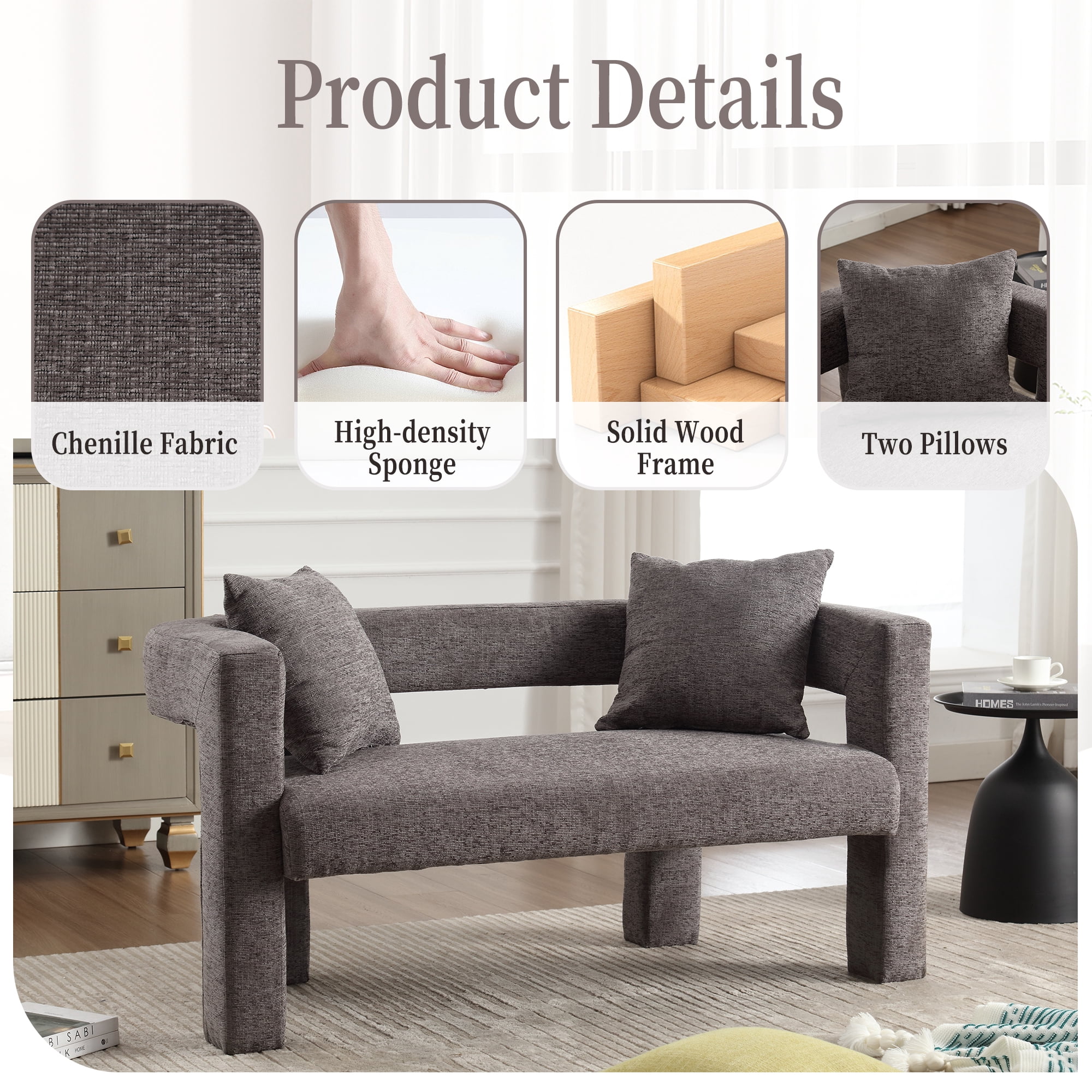 MOONMISS Chenille Upholstered Modern Comfy 2-Seater Loveseat Chair with 2 Pillows-Gray