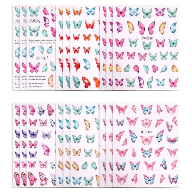 18 hojas de pegatinas de mariposa para decoración de uñas, calcomanías autoadhesivas 3D para uñas coloridas, 10 x 7,5 cm