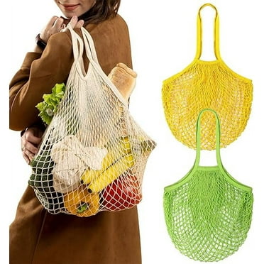 NAMZI Reusable Grocery Net Bags, Cotton Mesh Tote, Farmer's Market Bags for Fruits and Vegetables, String Shopping Organizer, Storage Bag with Long Handles, 2 Packs (Light green , Yellow)