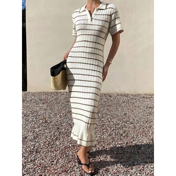 Womens Chocolate Brown Striped Collar Knit Midi Dress With Ruffle Hem
