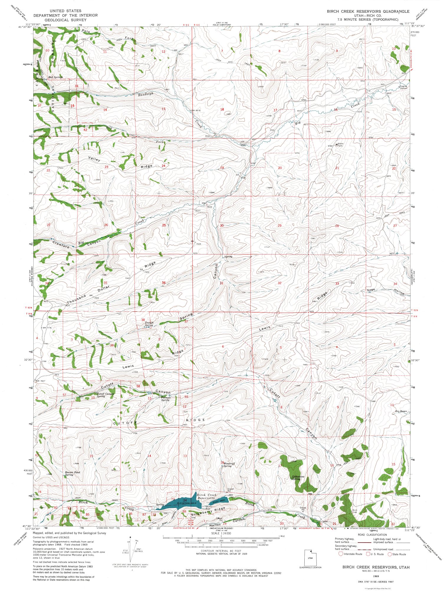 Topo Map Birch Creek Reservoirs Utah Quad USGS 1969 23.00 x 30.48