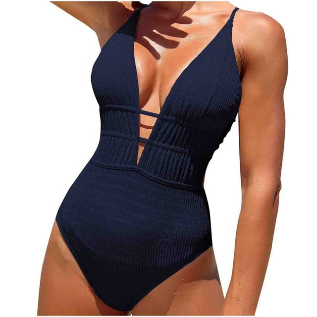 YUTK Swim Suits for Women 2025 - Women Solid Color Sexy Backless Strap Bikini Swimsuit - Navy L