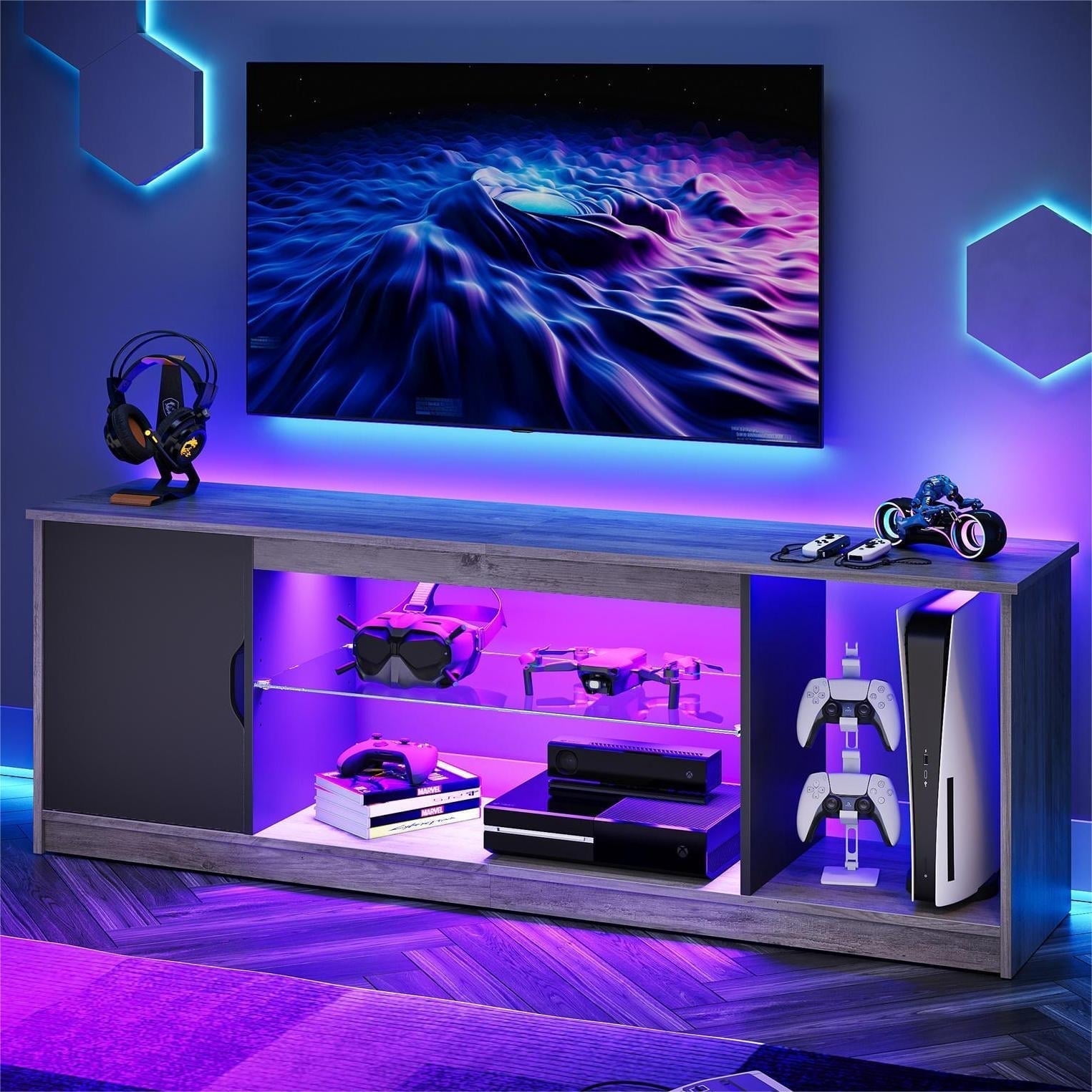 Bestier LED TV Stand for TVs up to 65 inch TV Gaming Entertainment Center for TVs, Grey Wash