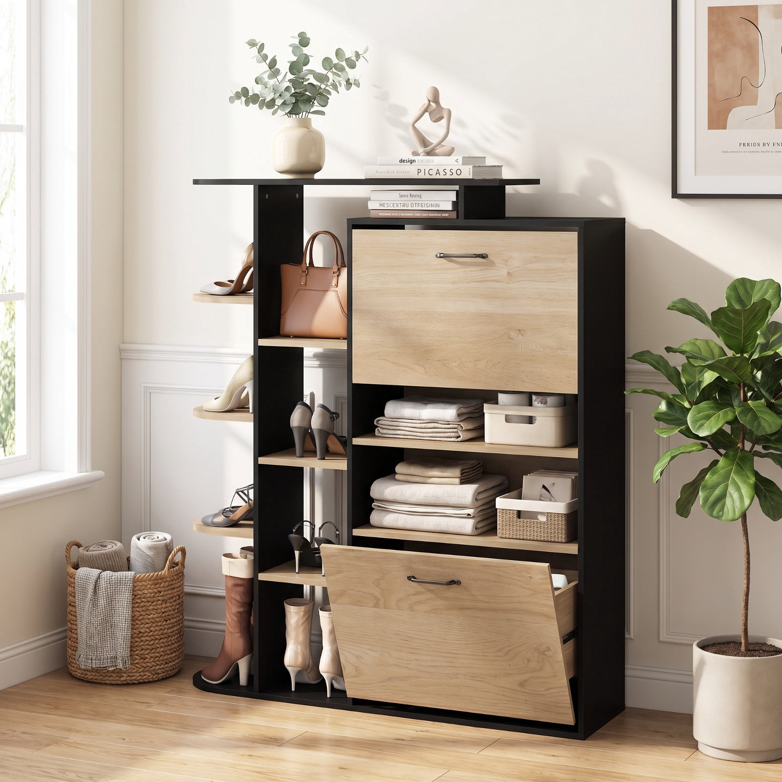 Furnibear Tall Shoe Cabinet with Open Shelves and 3 Flip Drawers Modern Freestanding Shoe Storage Organizer for Entryway Hallway, Black