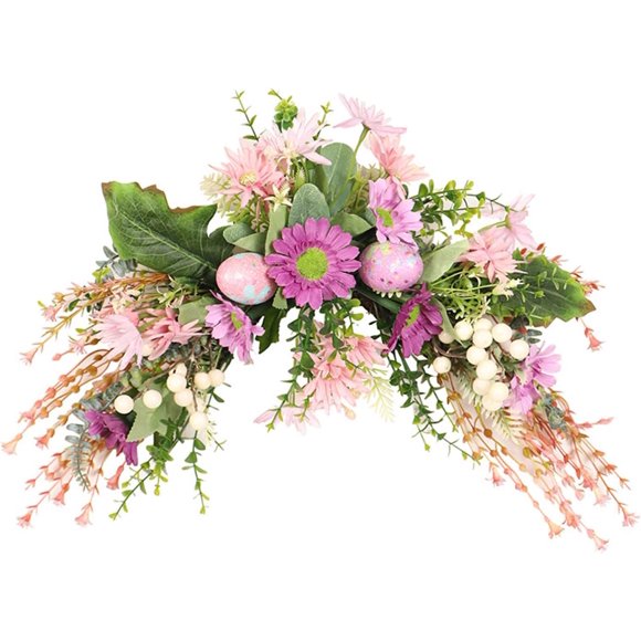 SAYDY Guirlande Florale de Pâques Artificielle de 19,7 Pouces, Couronne Suspendue de Porte avec Oeuf de Pâques, Chrysanthème Sauvage, Faux Oeuf, Linteau de Feuilles D'Eucalyptus, Couronne de Printemps Été avec Baie Blanche pour Porte d'Entrée Mur Fête D 0601M