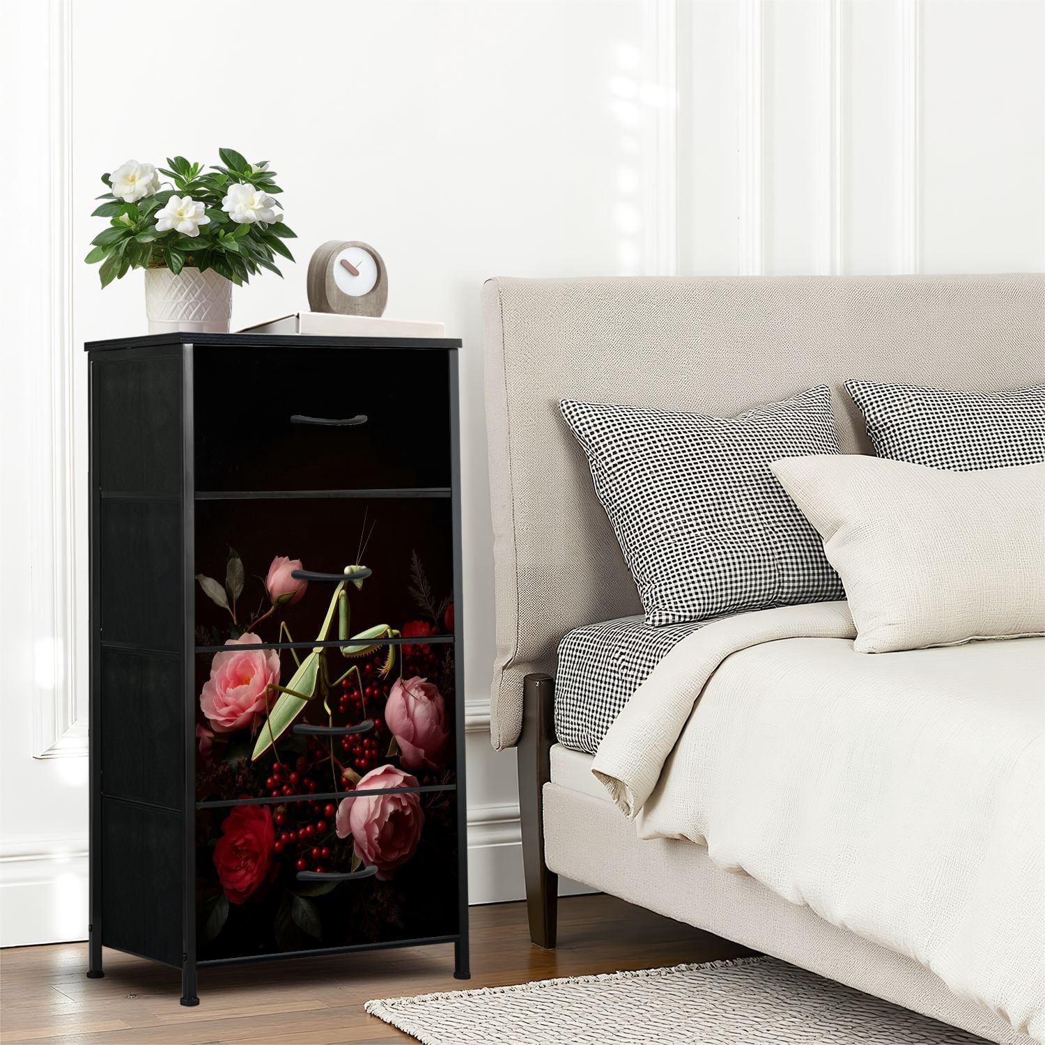 Gothic Dresser for Bedroom with 4 Storage Drawers Mantis Pink Peony Flowers Dark Floral wildlife Dressers Chest of Drawers Steel Framed Fabric Closet Organizers for Dorm Entryway