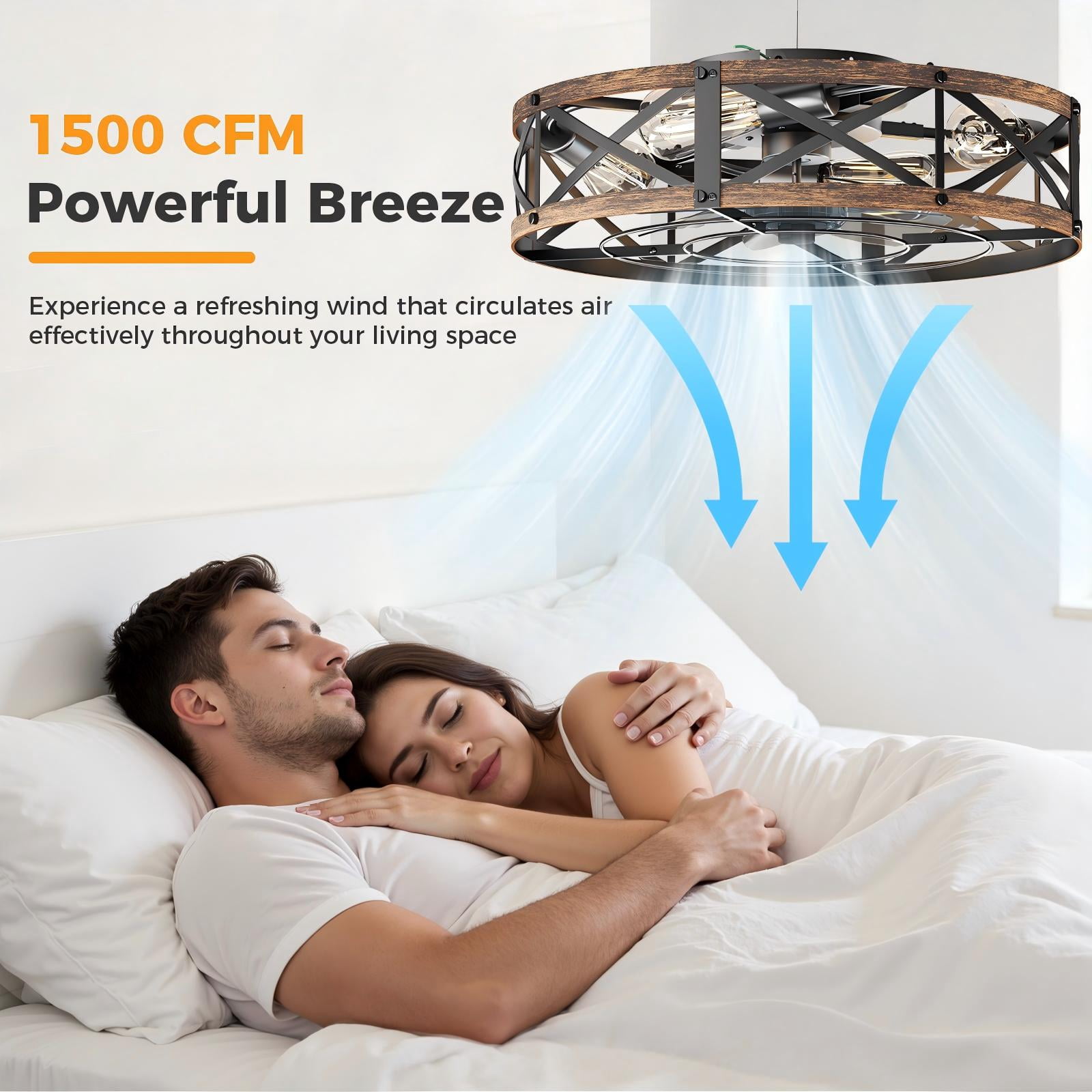 CONCETTA 22" Farmhouse Flush Mount Ceiling Fan with Lights, Quiet Bladeless Fandelier for Bedroom Kitchen, Remote Control Rustic Low Profile Caged Ceiling Fan, Gold